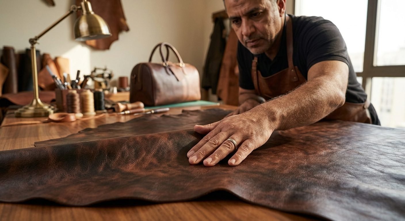 An artisan's hand smoothing a full-grain leather panel across the worktable