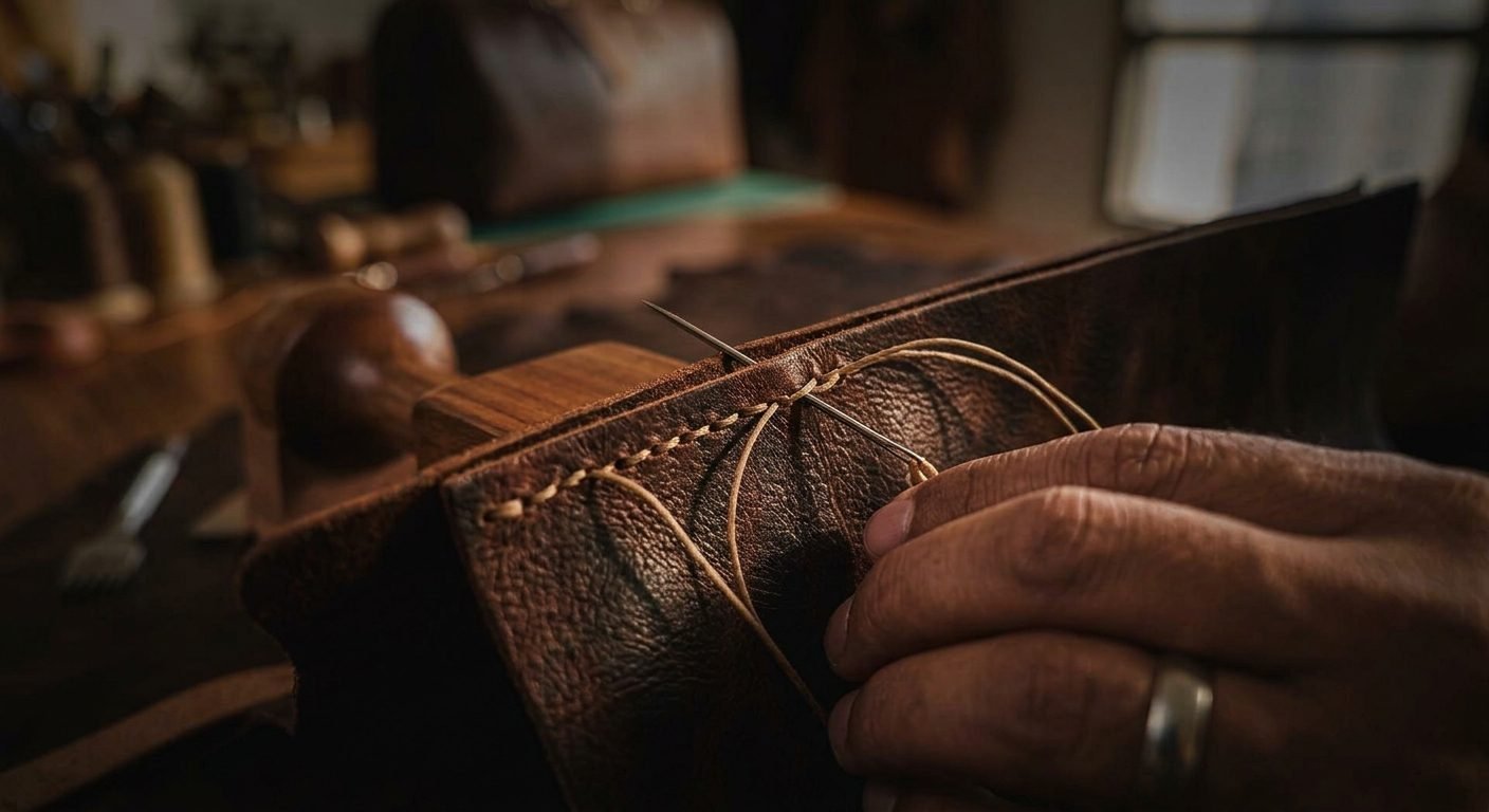 Macro detail of hand-stitching along a leather edge, waxed linen thread pulled through with a needle