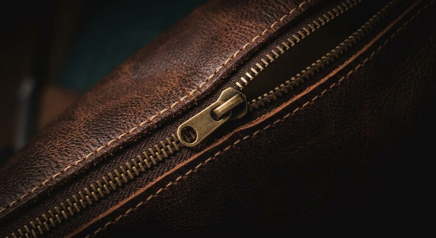 Macro detail of a solid brass zipper set into full-grain leather